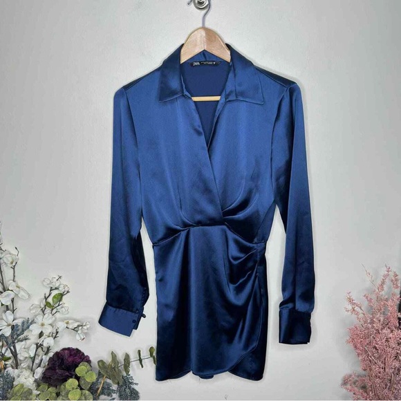 ZARA Satin Effect Short Dress Long Sleeve Navy Blue - Picture 2 of 4